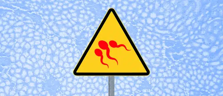Warning sign with red sperm silhouettes on blue textured background