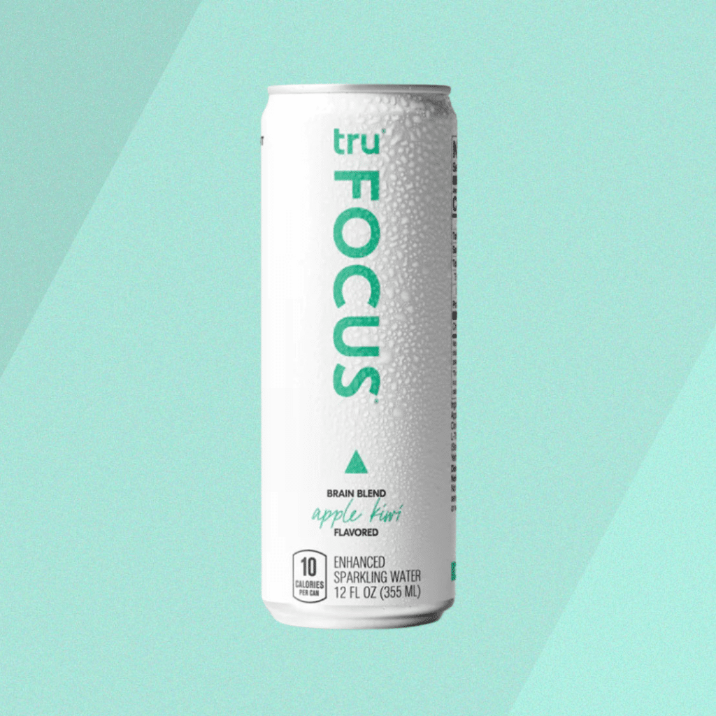 Tru Focus energy adaptogen drink on green background