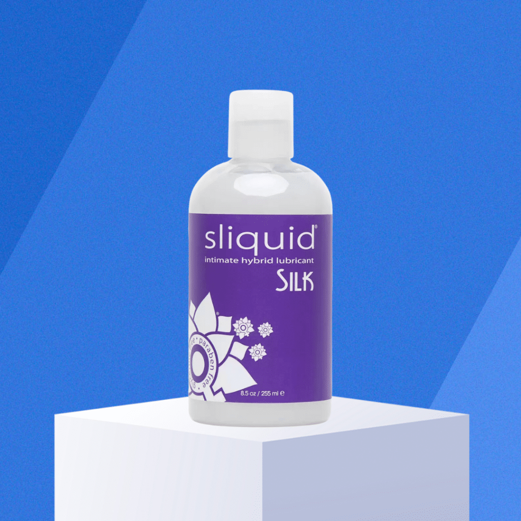 Sliquid Silk Intimate Hybrid Lubricant on blue background