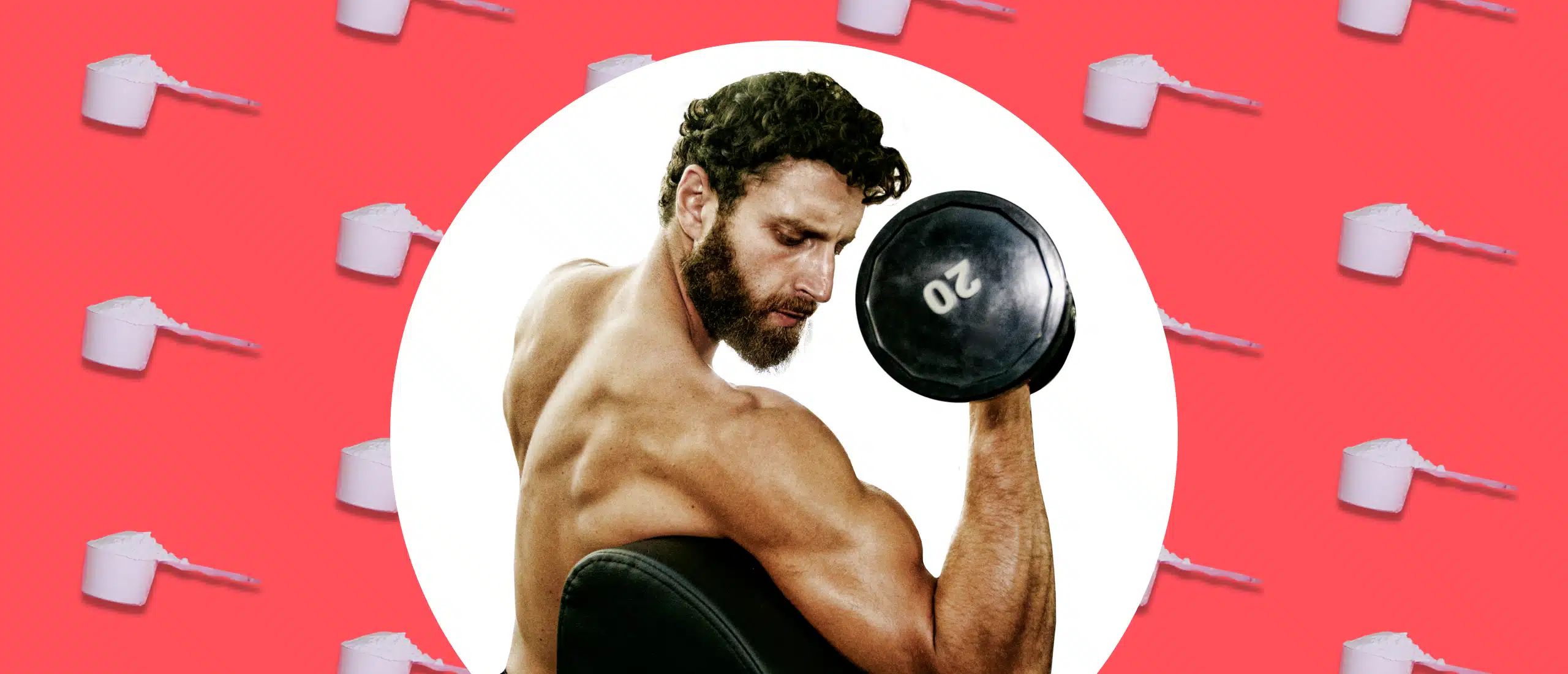 Man doing bicep curl on red background with protein scoops