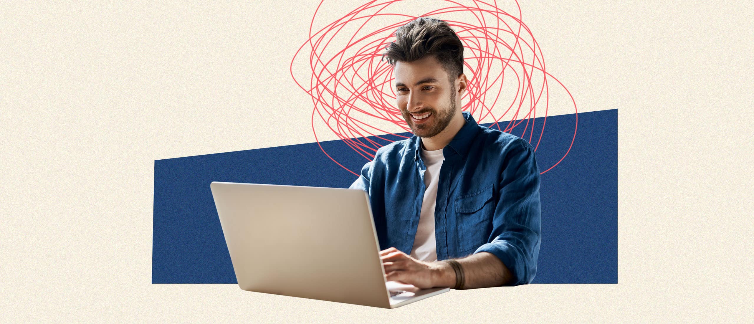 Man smiling at computer with red scribble behind head