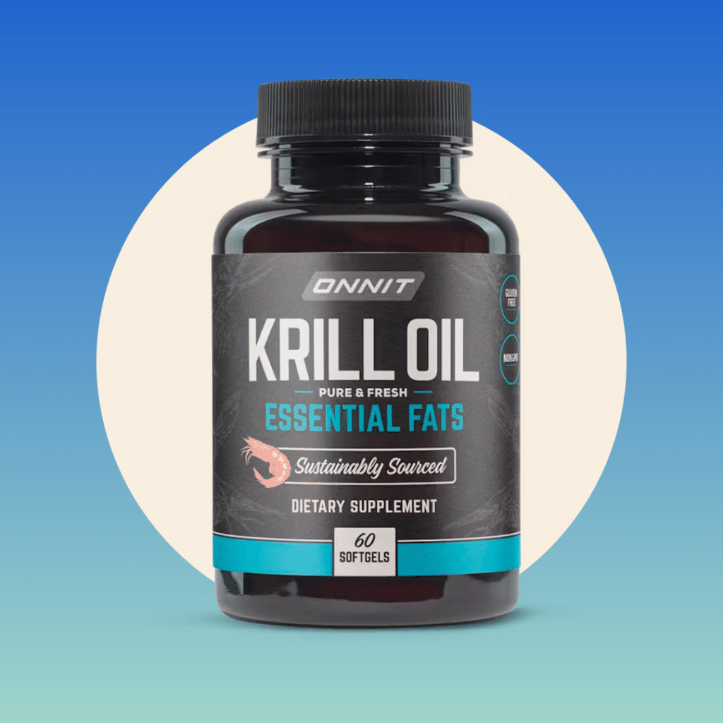 Onnit Krill Oil Essential Fats on blue background