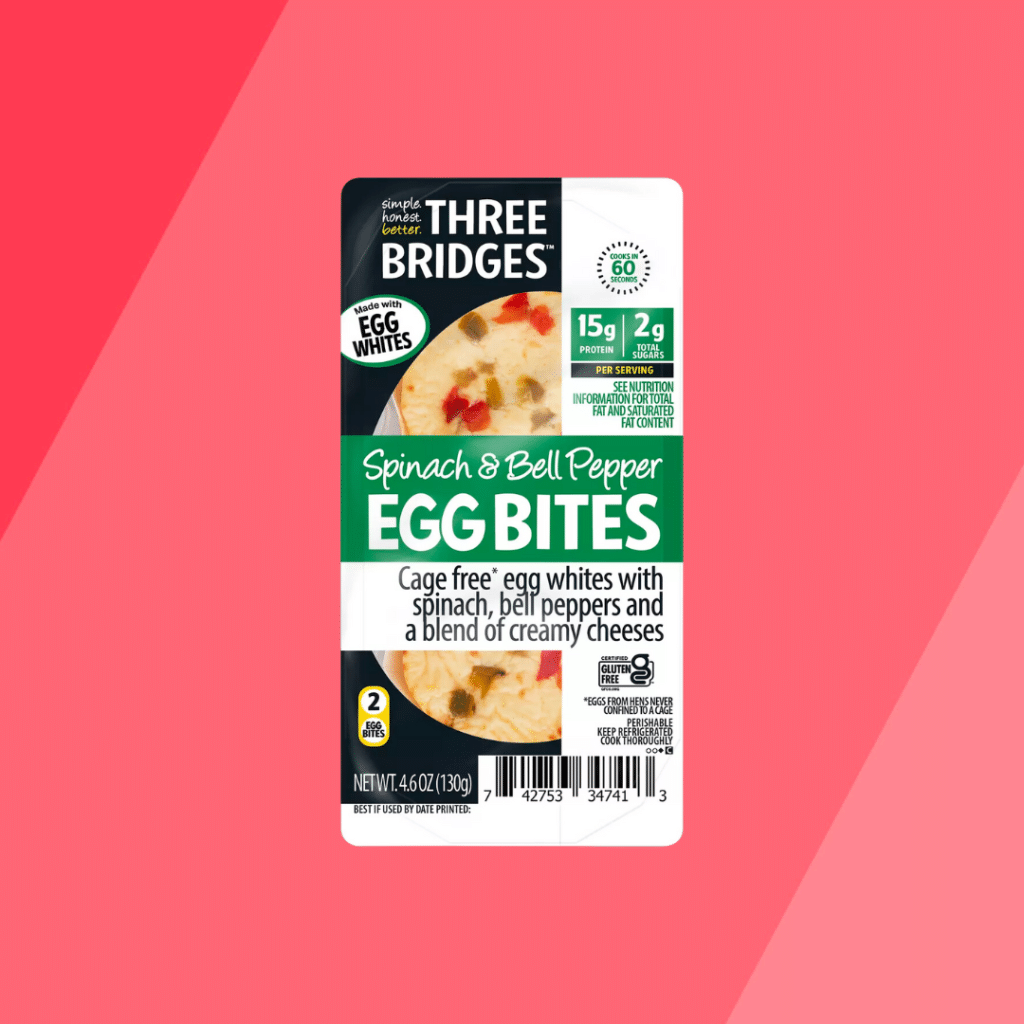 Three Bridges Spinach and Bell Pepper Egg Bites on red background
