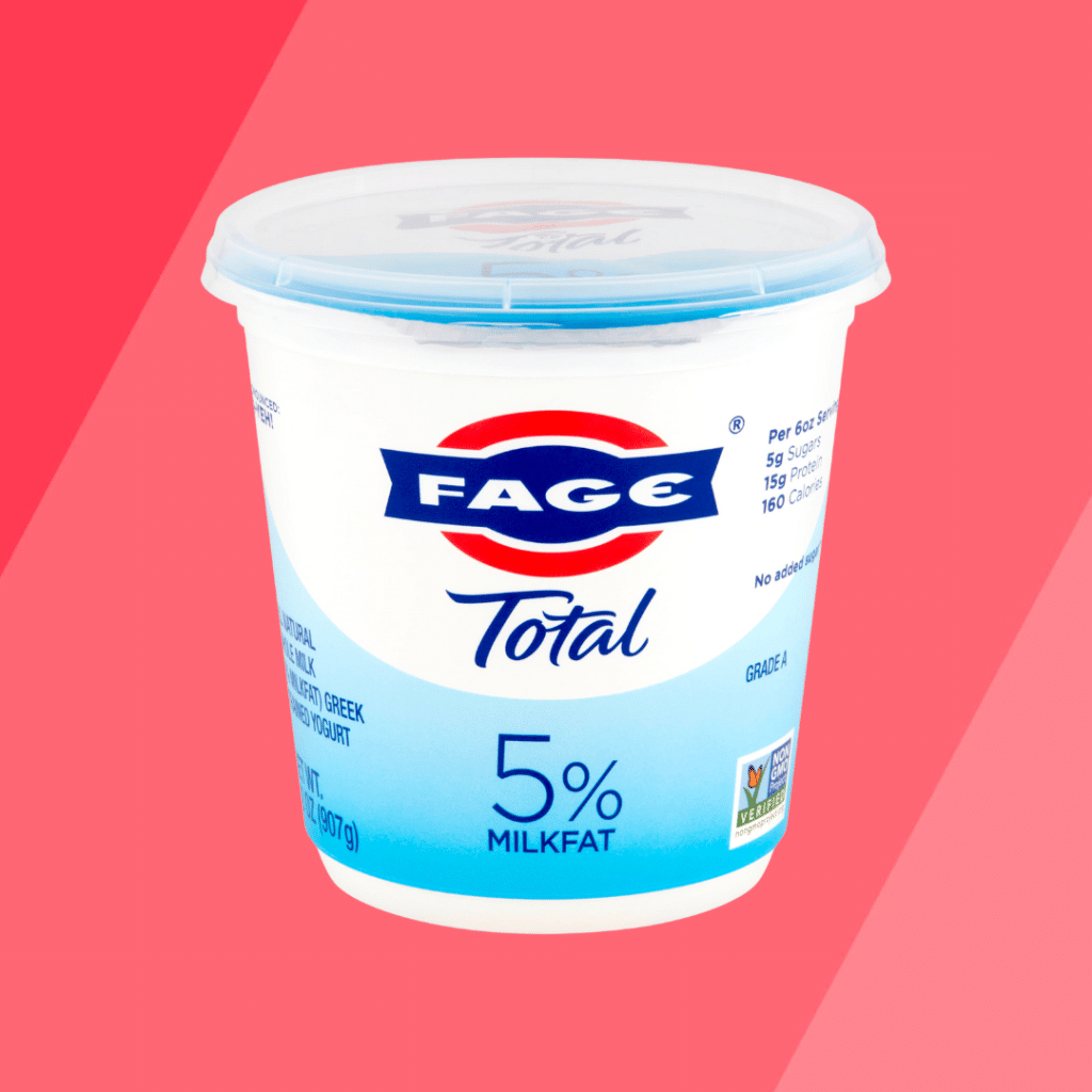 Fage Total 5% Milk yogurt on red background
