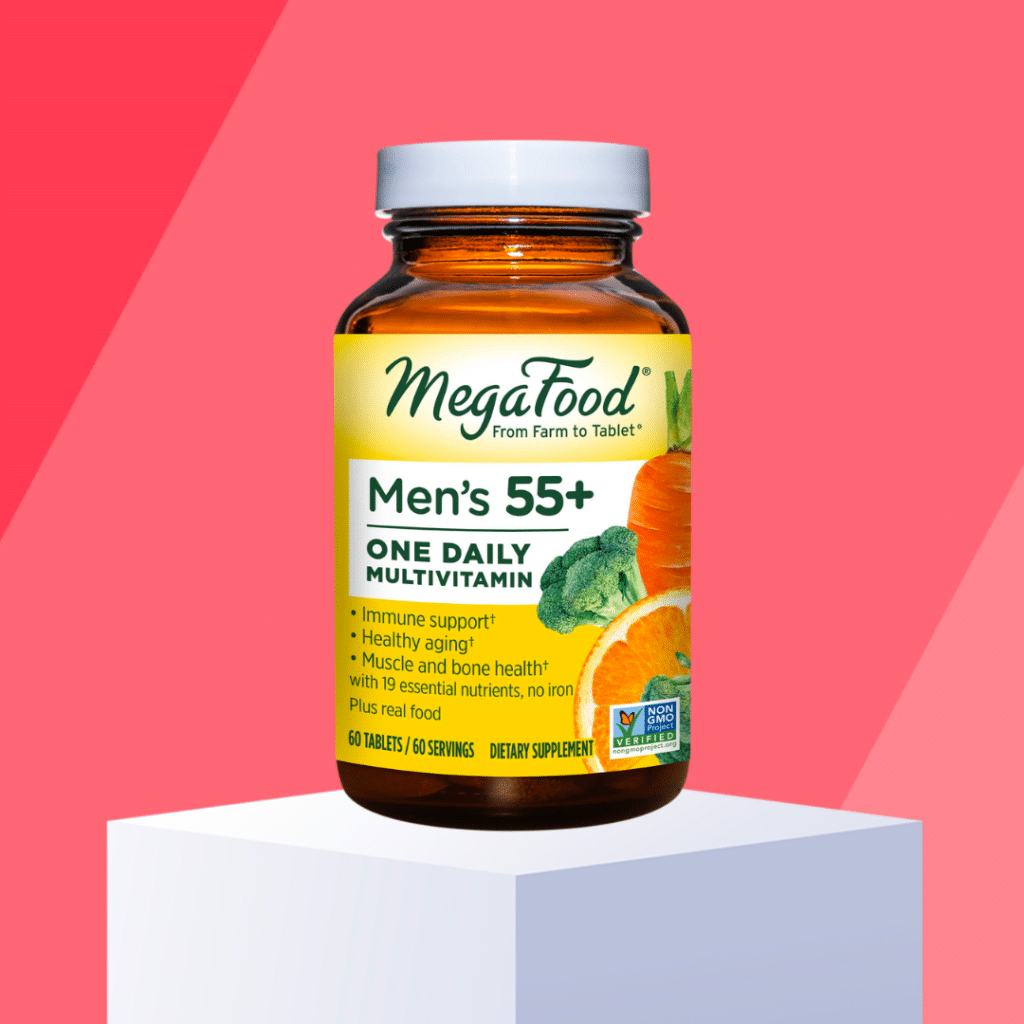 mega food mens 55+ multivitamin on red background