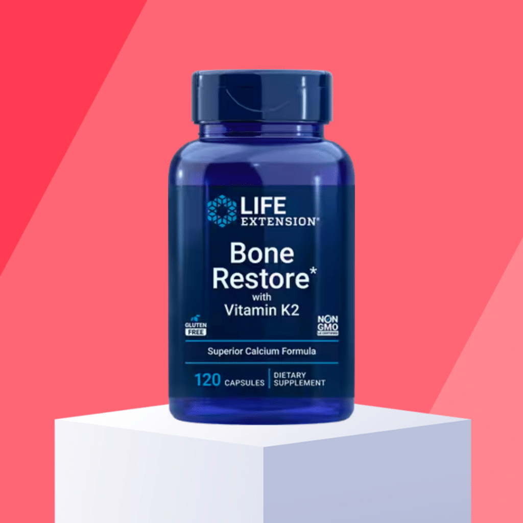 Life-Extension Bone Restore with Vitamin K2 on red background