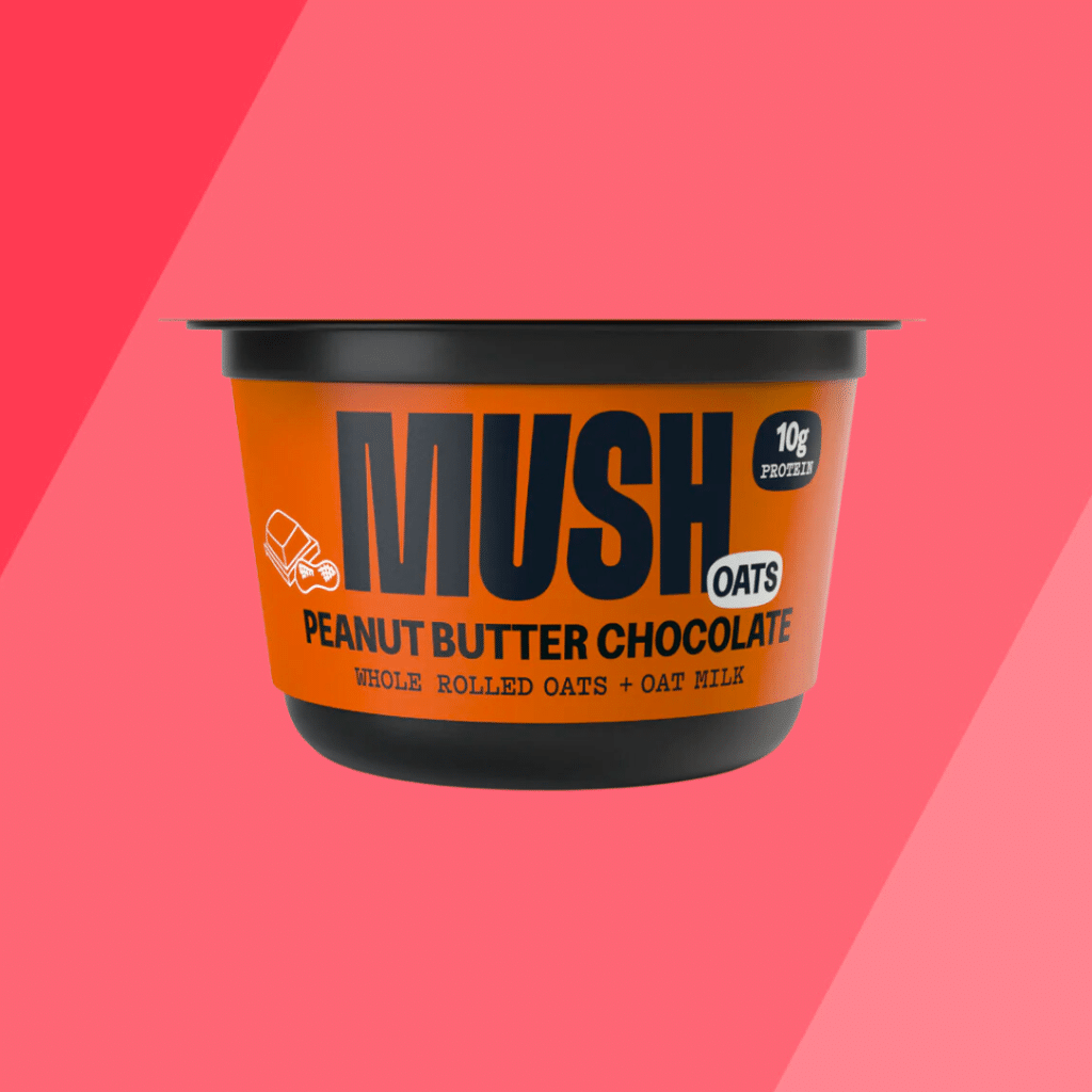 Mush Protein-Rich Oats on red background