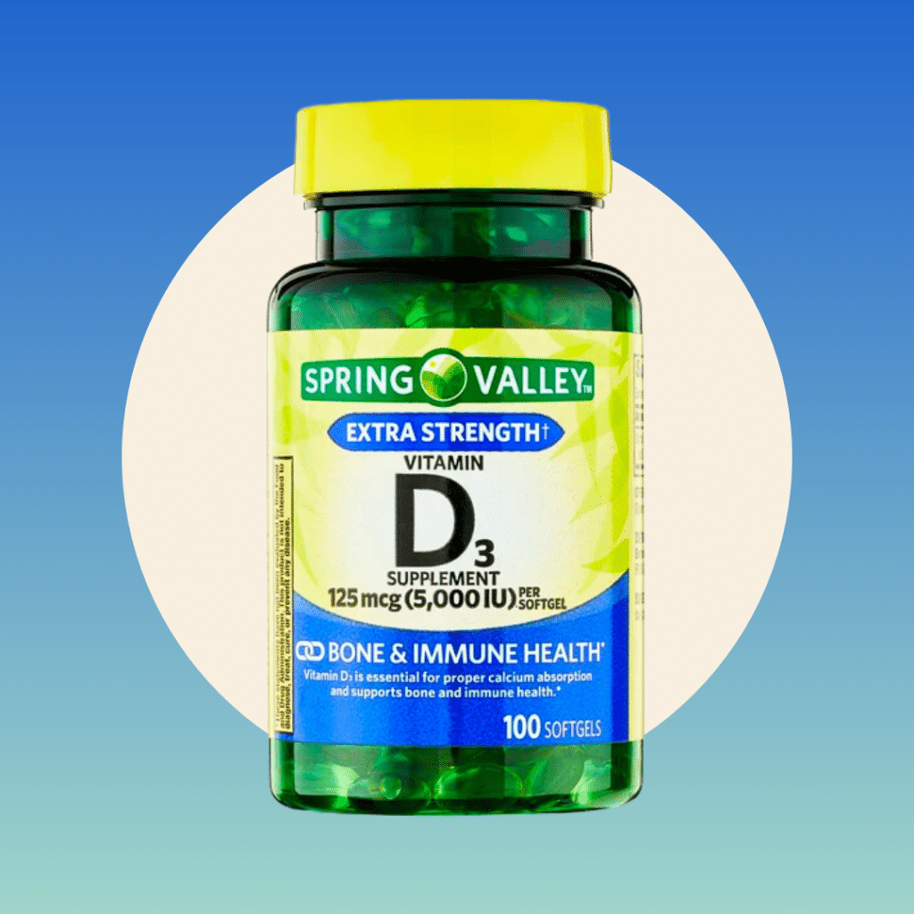 Spring Valley Extra STrength Vitamin D3 on blue background
