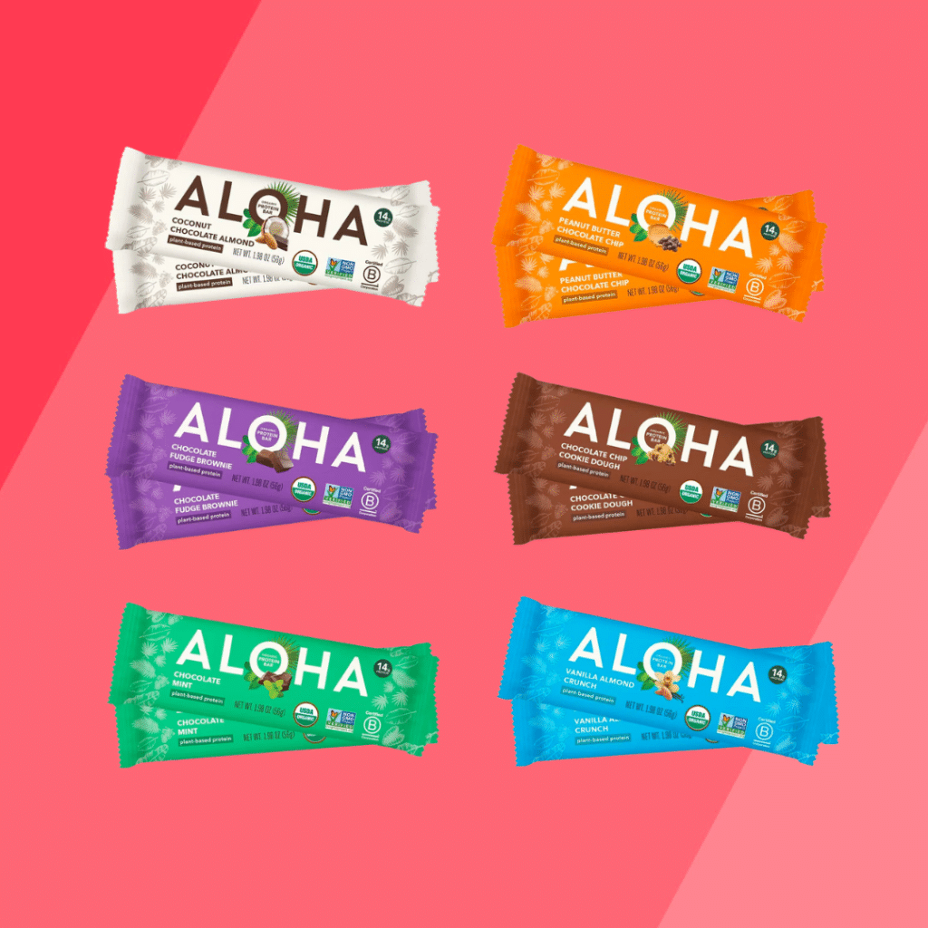 Aloha Protein Bars on red background