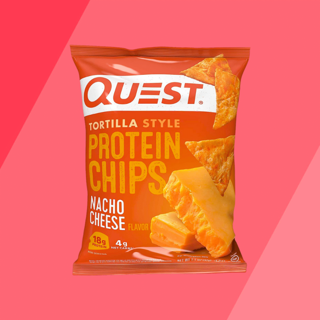 Quest Tortilla Style Nacho Cheese Protein Chips on red background