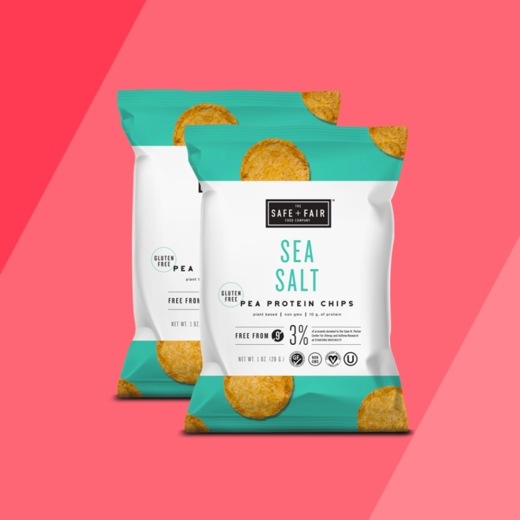 Safe+Fair Sea Salt Pea Protein Chips on red background