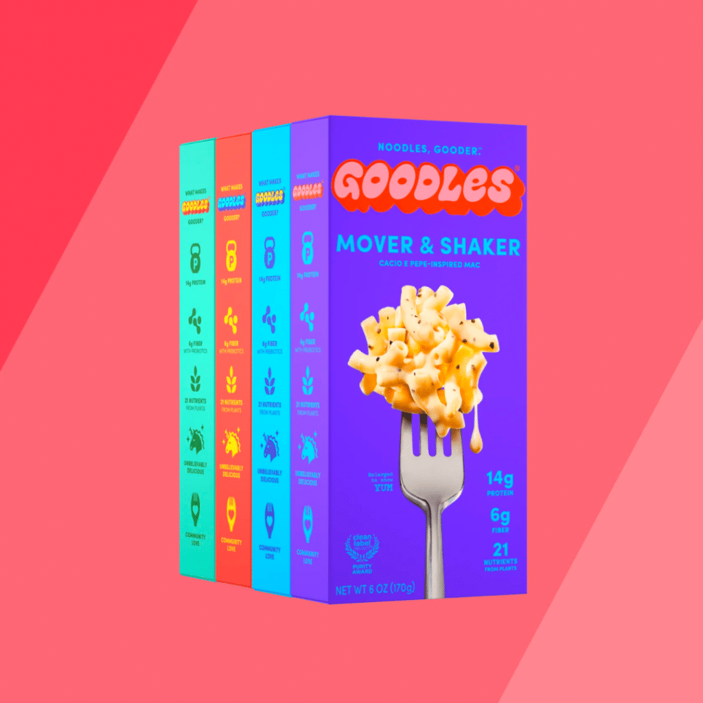 Goodles Macaroni and Cheese on red background
