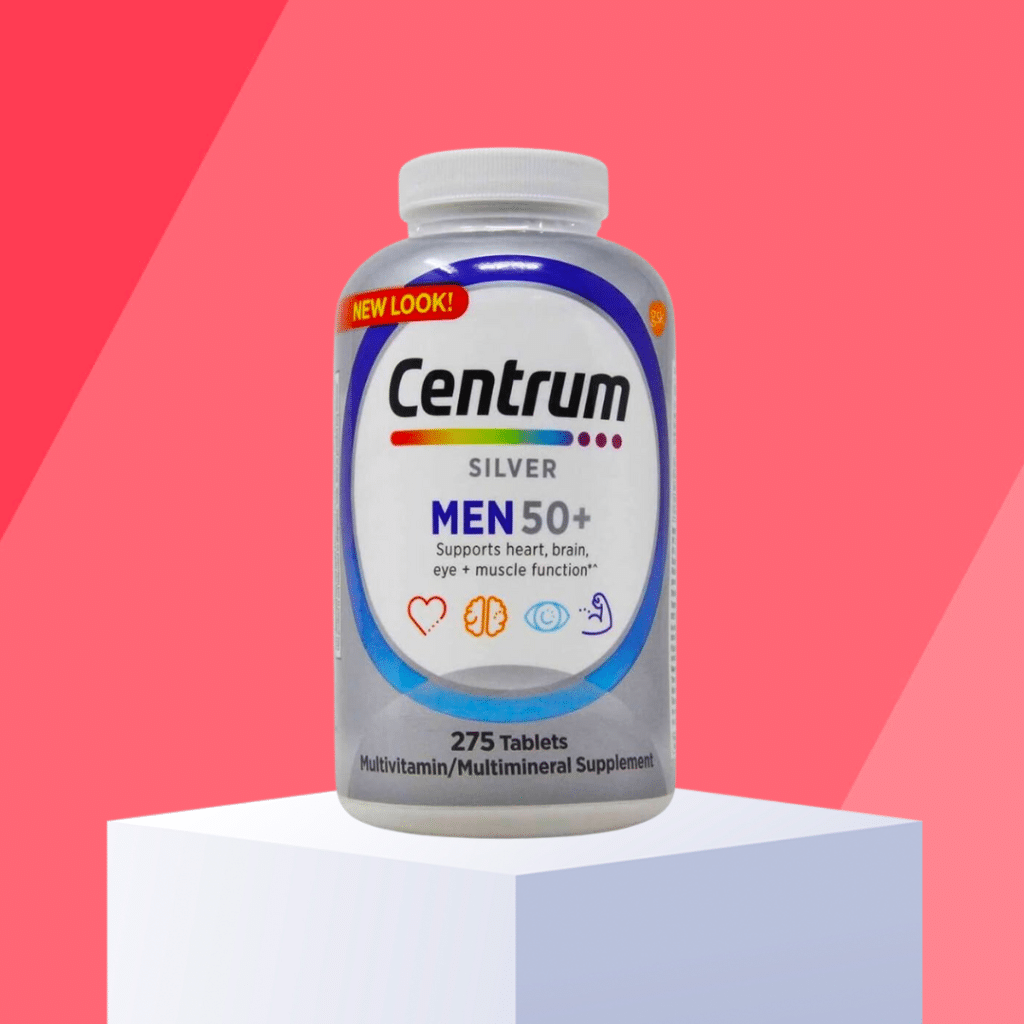 Centrum Silver mens 50+ on red background