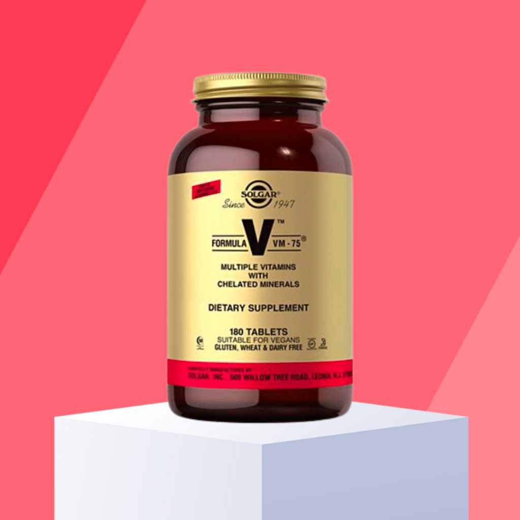 Solgar Formula VM-75 Multivitamin with Chelated Minerals on red background