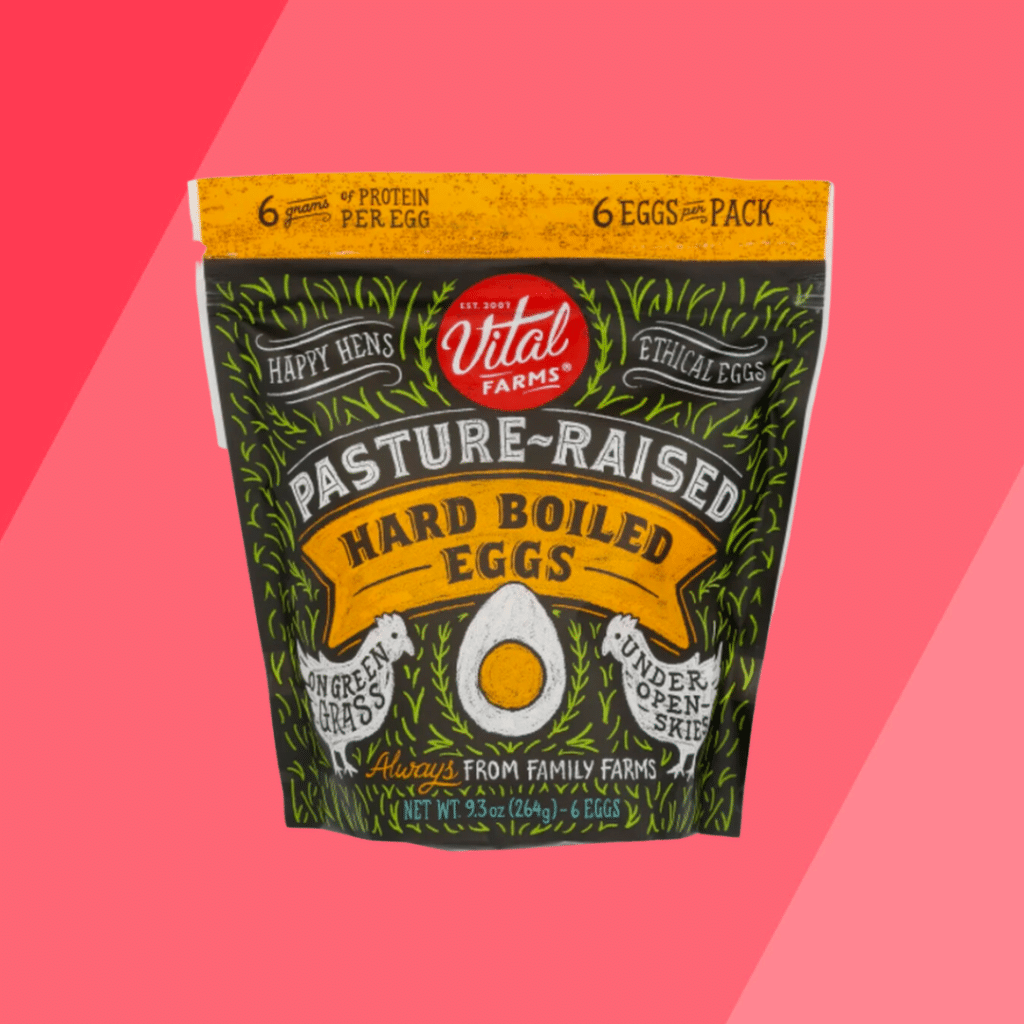 Vital Farms Pasture Raised Hard Boiled Eggs on red background