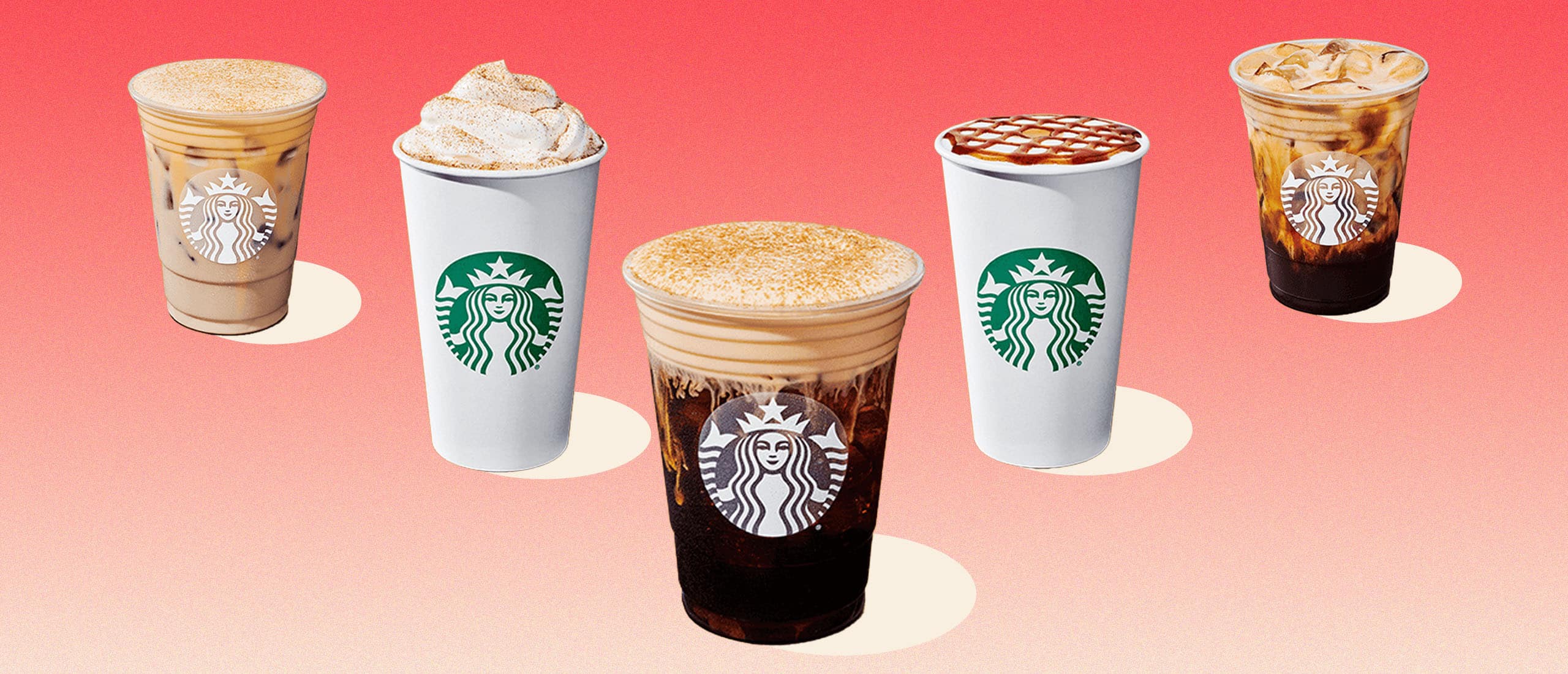 starbucks pumpkin cream cold brew in a line up of other starbucks fall drinks