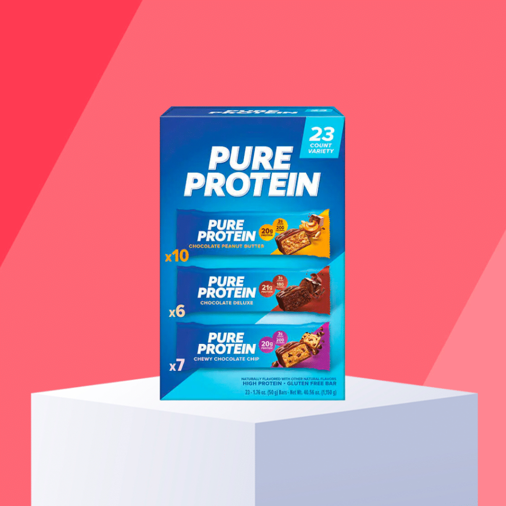 pure protein bars on pedestals with red background