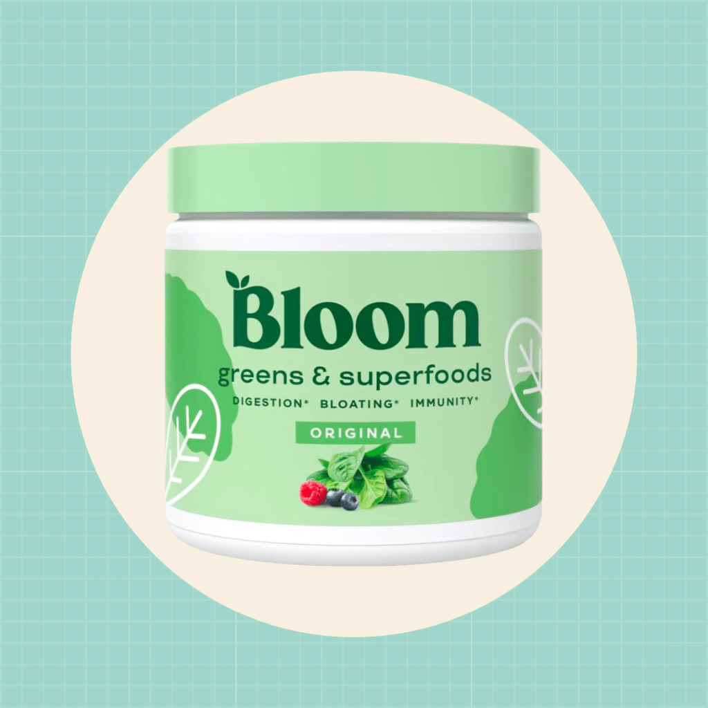 bloom greens powder on green and beige background