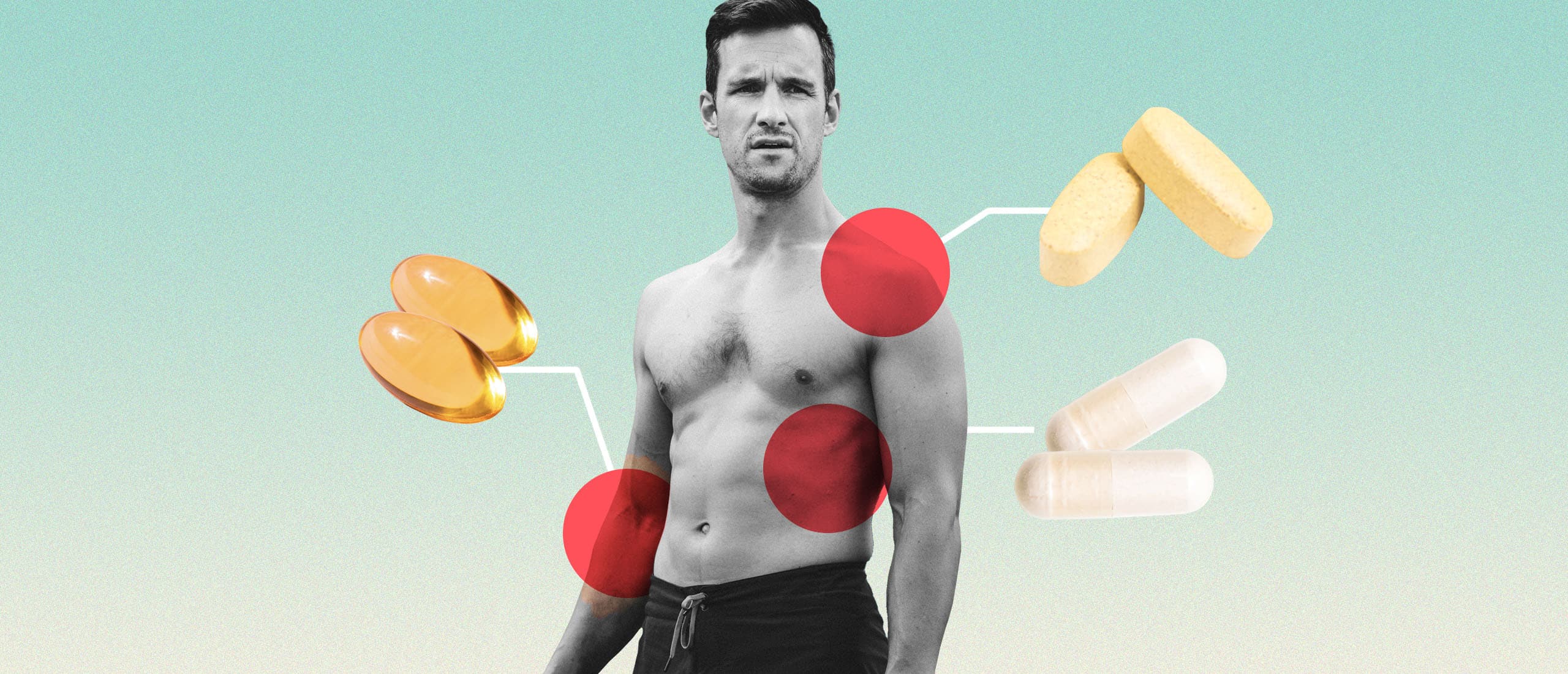 A man stands with bone supplements around him highlighted on different parts of his body