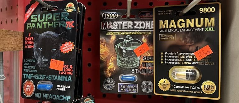 gas station sex pills hung up on rack in store