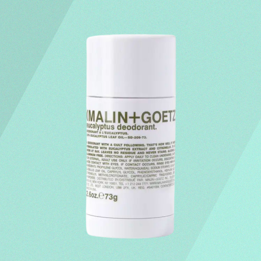 Malin + Goetz eucalyptus natural deodorant on green background