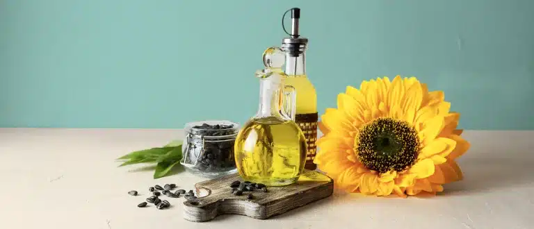 seed oils surrounded by sunflowers and other loose seeds.