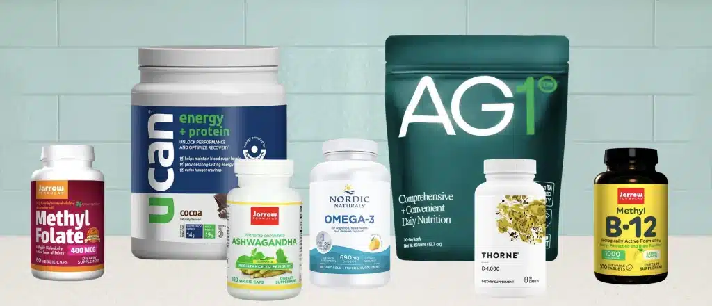 Peter Attia's supplement stack on blue background