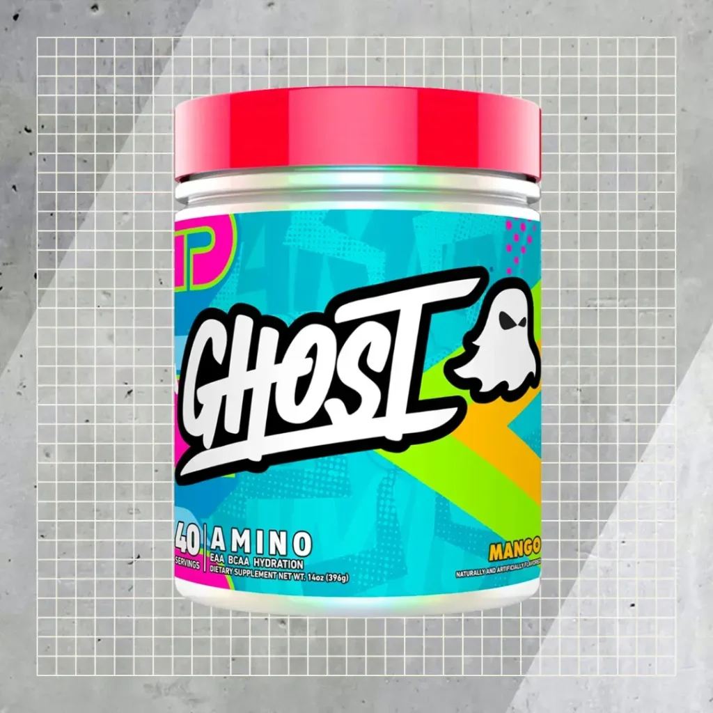 ghost amino acid supplement on gray background