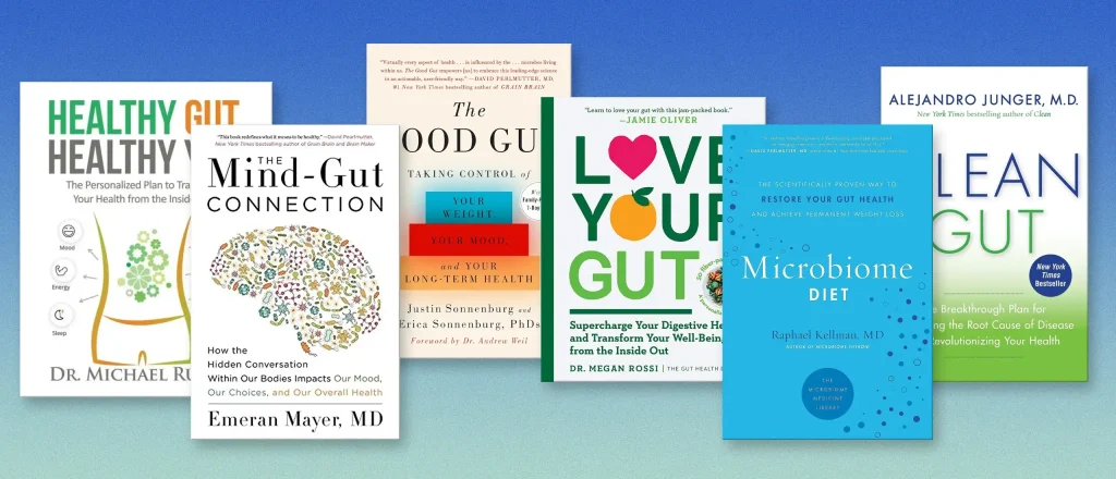 Covers of gut health books written by experts