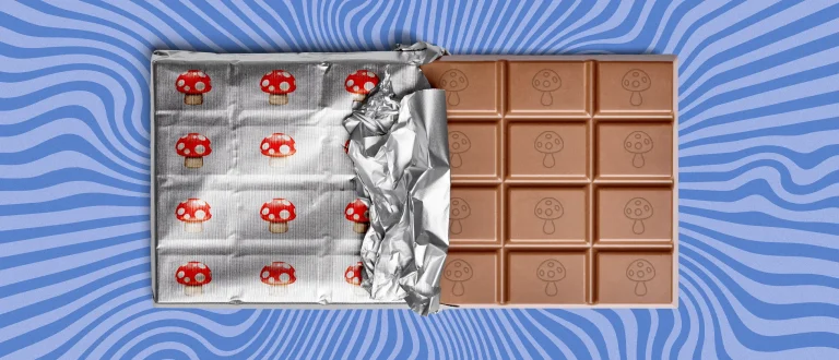 Chocolate bar with mushrooms on psychedelic background