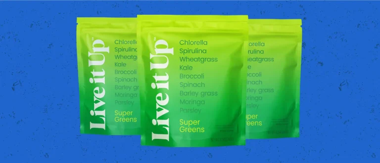 package of live it up supergreens on blue background