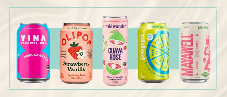 Prebiotic Sodas Side by Side on beige and teal background