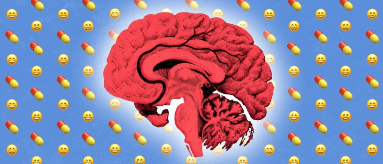 Red brain on background with smile and pill emojis