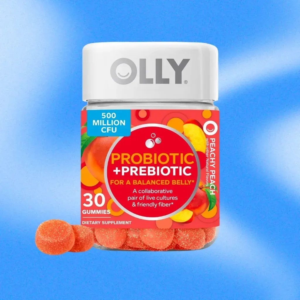 olly probiotic+prebiotic on blue background