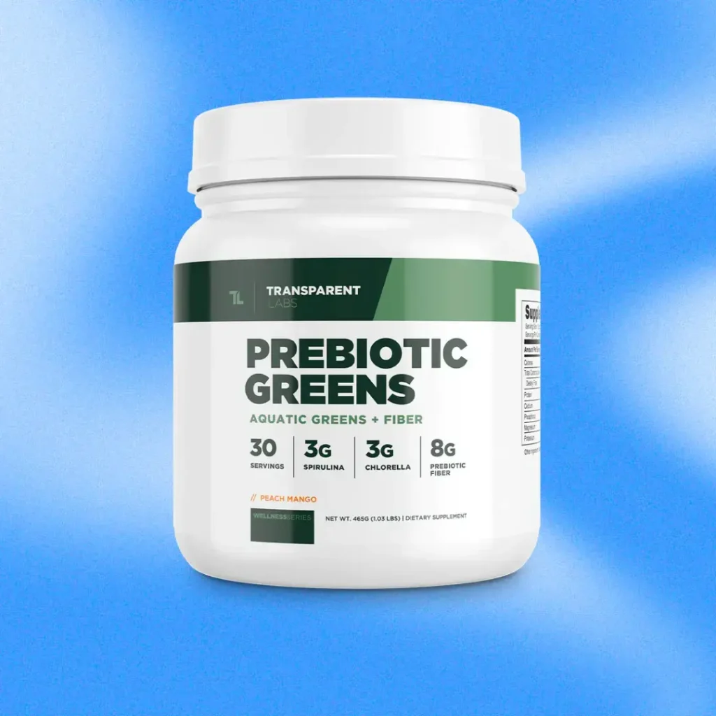Transparent Labs prebiotic greens on blue background