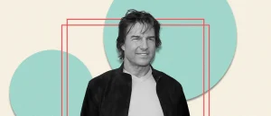 Tom Cruise smiling on a background with a red outline and light blue polka dots