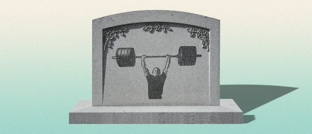 headstone with man lifting a plate-loaded heavy barbell.