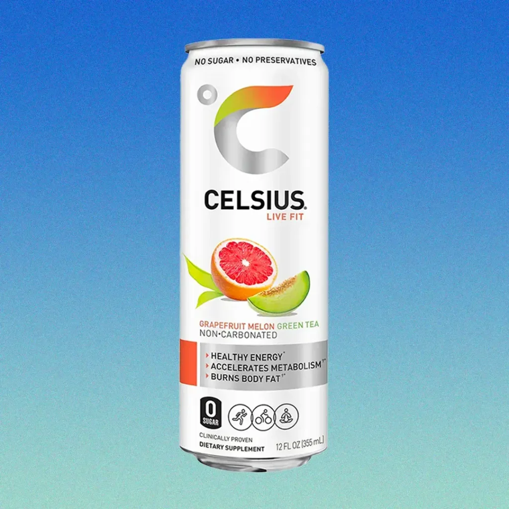 celsius energy drink can on blue and teal background