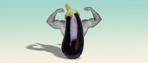 an eggplant with arms flexes