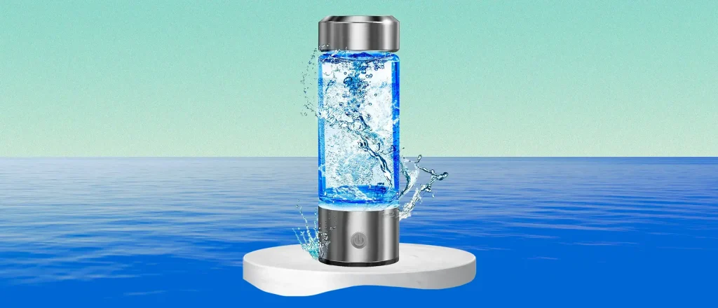 hydrogen water bottle surrounded by water