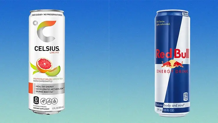 red bull and celsius cans on blue and teal background