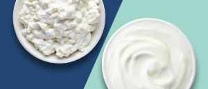Cottage cheese on a blue background vs Greek yogurt on a teal background