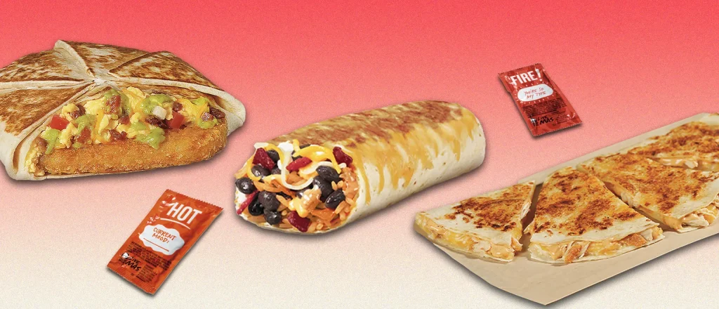 High protein Taco Bell items surrounded in sauce packets on a red gradient background.