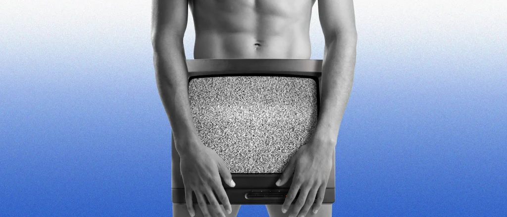 man holds tv in front of his private parts