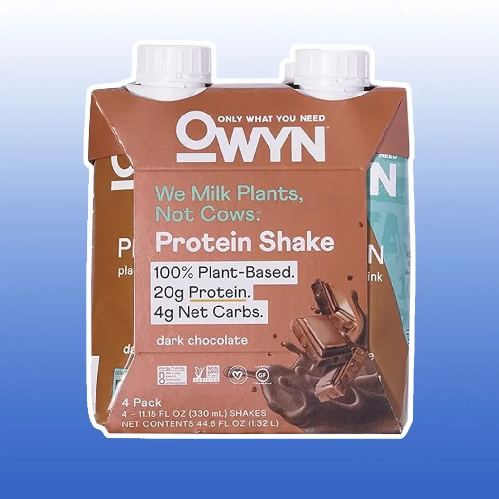 4-pack of OWYN protein shakes on blue background