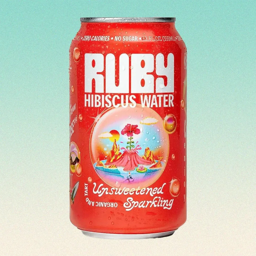 Can of Ruby Hibiscus Water soda on green background